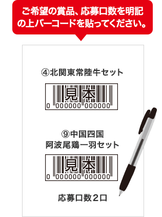 ご希望の賞品、応募口数を明記の上バーコードを貼ってください。