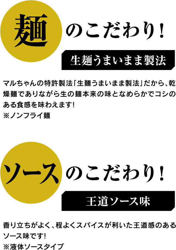 麺のこだわり！生麺うまいまま製法 マルちゃんの特許製法「生麺うまいまま製法」だから、乾燥麺でありながら生の麺本来の味となめらかでコシのある食感を味わえます！※ノンフライ麺  ／　ソースのこだわり！王道ソース味 香り立ちがよく、程よくスパイスが利いた王道感のあるソース味です！※液体ソースタイプ