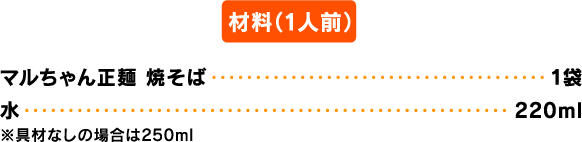 材料（1人前） マルちゃん正麺 焼そば 1袋　水 220ml　※具材なしの場合は250ml